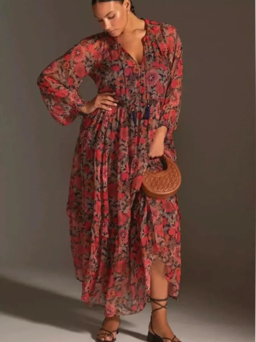 Anthropologie Marias Floral Printed Chiffon‎ Maxi Dress Size L Red Blue